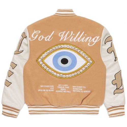 God Willing Varsity Jacket Tan 2